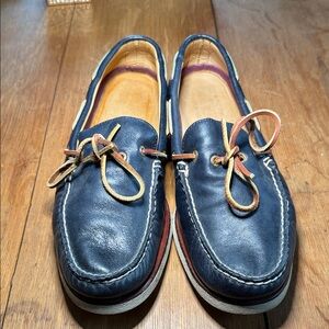 Sperry Gold Cup Navy Leather Boat Shoes with Tan Contrast Laces
